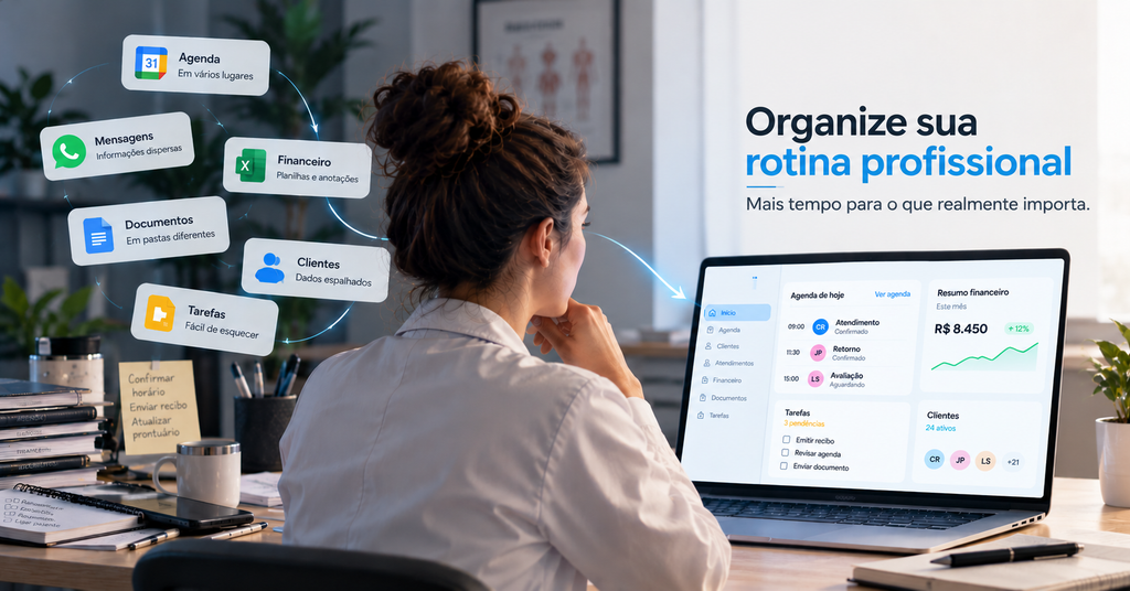 Profissional organizando agenda, clientes, financeiro, documentos e tarefas em uma única plataforma.